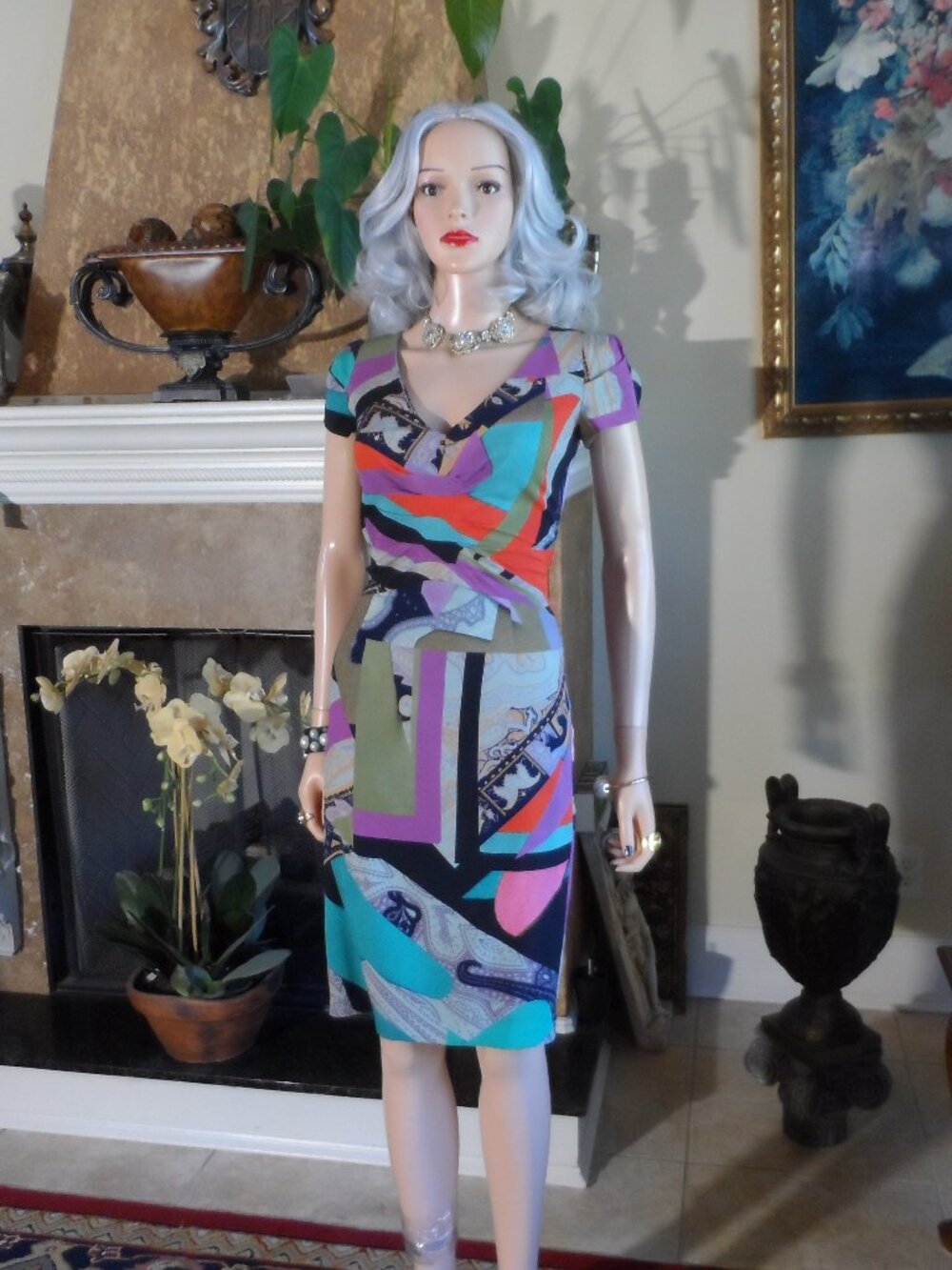 Etro Silk Multi Color Geometric Print Ruched Sheath Dress IT 40 US 4
